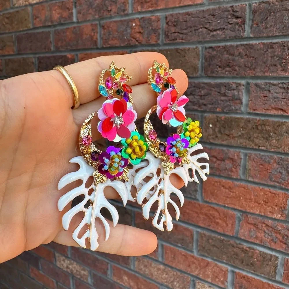 Zara Monstera Leaf Tropical Statement Drop Earrings - Picture 3 of 10